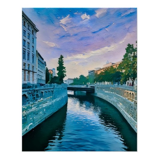 Landschaftlicher Fluss durch Stadt bei Sonnenunter Poster (Vorderseite)