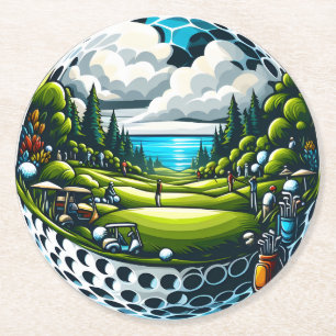 Landschaftlicher Golfplatz mit Spielern und Karren Runder Pappuntersetzer