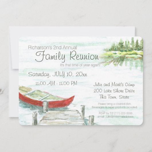 Landschaftlicher See und Kanufamilie Wiedersehen Einladung (Vorderseite)