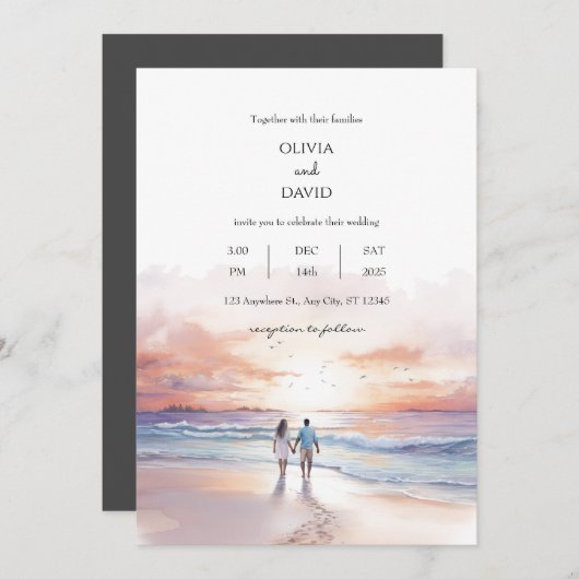 Landschaftlicher Sonnenuntergang über dem Strand v Einladung (Vorne/Hinten)