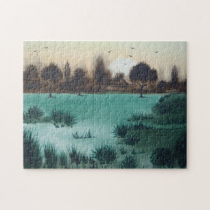 landschaftlicher Sonnenuntergang über Waldflächen Puzzle