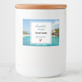 Landschaftlicher tropischer Strand mit Foto aus St Lebensmitteletikett