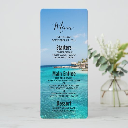 Landschaftlicher tropischer Strand mit strohgedeck Einladung (Stehend Vorderseite)