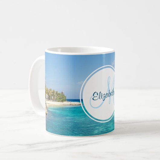 Landschaftlicher tropischer Strand mit Strohhütten Kaffeetasse (Vorderseite Links)