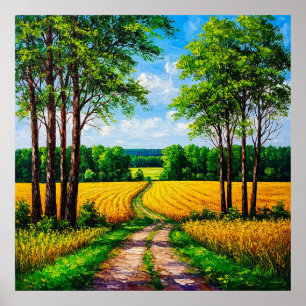Landschaftlicher Weg durch goldene Felder Poster