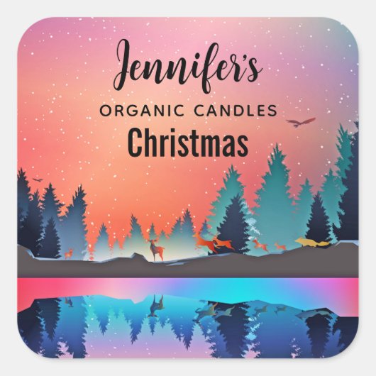 Landschaftlicher Wintersee mit Cerle Candle Biz Quadratischer Aufkleber (Vorderseite)