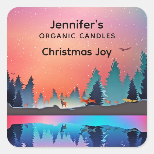 Landschaftlicher Wintersee mit Deer Candle Busines Quadratischer Aufkleber (Vorderseite)