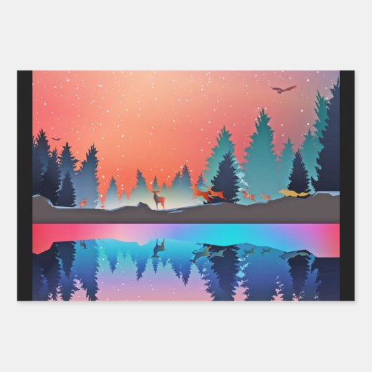 Landschaftlicher Wintersee mit Hirsch Geschenkpapier Set (Vorderseite)