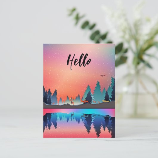 Landschaftlicher Wintersee mit Hirsch Hallo Postkarte (Stehend Vorderseite)