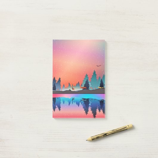 Landschaftlicher Wintersee mit Hirsch Post-it Klebezettel (Auf Schreibtisch)