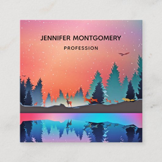 Landschaftlicher Wintersee mit Hirsch Quadratische Visitenkarte (Vorderseite)