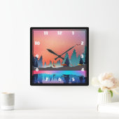 Landschaftlicher Wintersee mit Hirsch Quadratische Wanduhr (Zuhause)