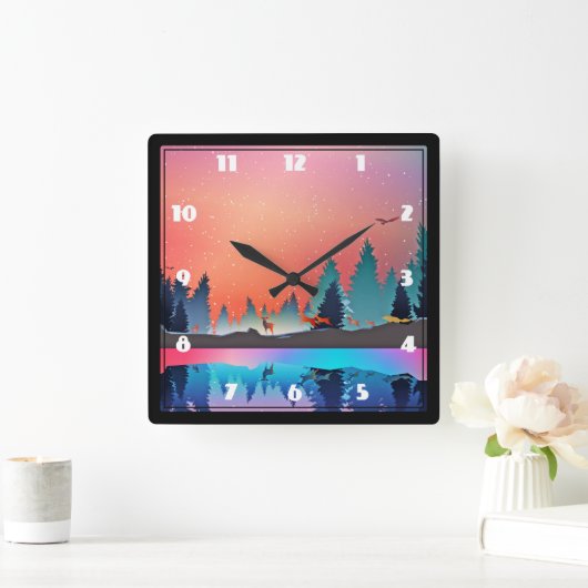 Landschaftlicher Wintersee mit Hirsch Quadratische Wanduhr (Zuhause)