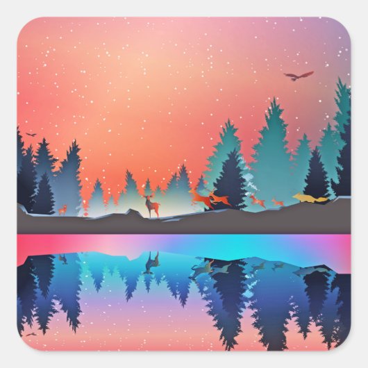 Landschaftlicher Wintersee mit Hirsch Quadratischer Aufkleber (Vorderseite)