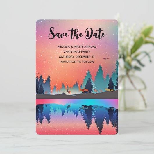 Landschaftlicher Wintersee mit Hirsch Save the Dat Date (Stehend Vorderseite)