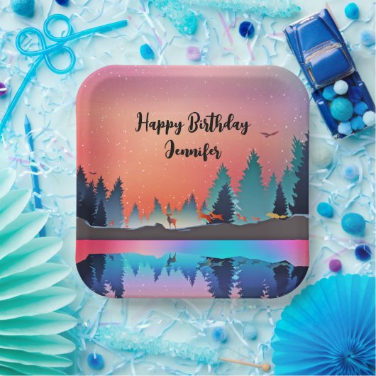 Landschaftlicher Wintersee mit Hirschfest Pappteller (Party)