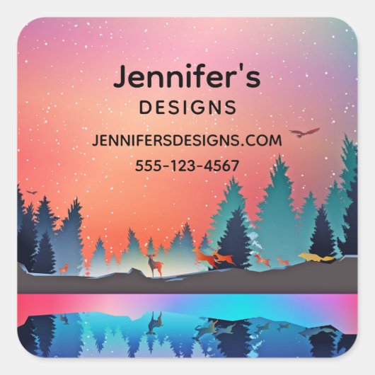 Landschaftlicher Wintersee mit Hirschgeschäft Quadratischer Aufkleber (Vorderseite)
