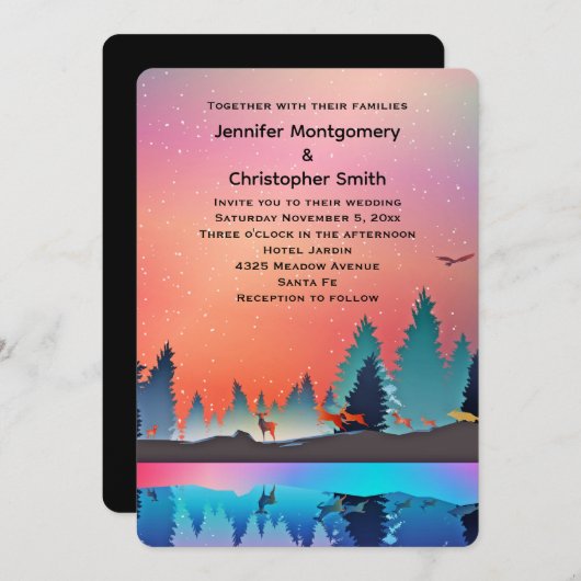 Landschaftlicher Wintersee mit Hirschhochzeit Einladung (Vorne/Hinten)