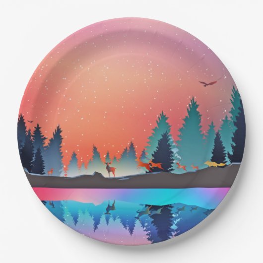 Landschaftlicher Wintersee mit Hirschwein Pappteller (Vorderseite)