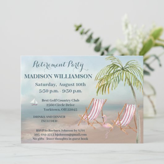 Landschaftliches Beach View Palm Tree Retirement P Einladung (Stehend Vorderseite)
