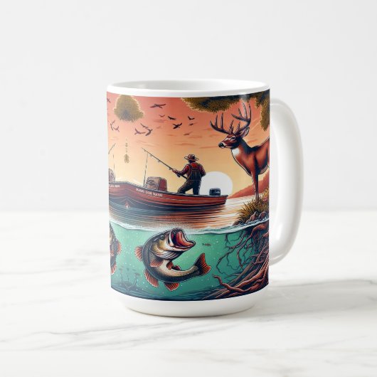 Landschaftliches Outdoor-Fischerboot, Hirsch und B Kaffeetasse (VorderseiteRechts)