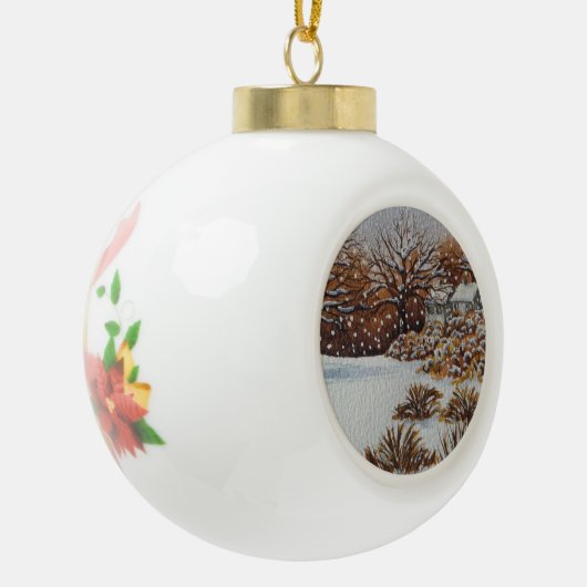 landschaftliches Schneebild ländlicher Hütten Keramik Kugel-Ornament (Links)