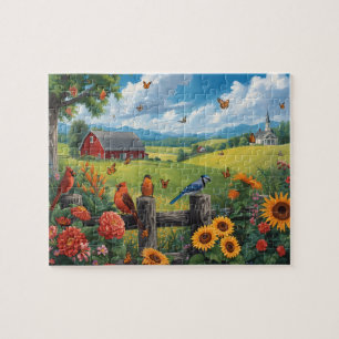 Landschaftsbild mit Vögeln Sonnenblumen Rote Scheu Puzzle