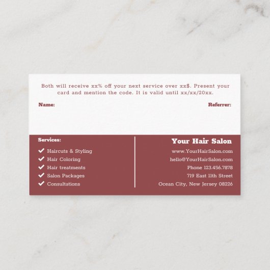 Landschaftsformat Square Logo Dualfarbener Haarsal Empfehlungskarte (Rückseite)