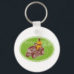 Landschaftsgärtnermäher Schlüsselanhänger<br><div class="desc">Retrostil-Darstellung eines Landschaftsgärtners,  der auf einem Rasenmäher fährt</div>