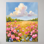 Landschaftsgemälde mit rosa Blumenfeld Poster (Vorne)
