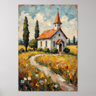 Landschaftskunst der Vintage-Kapelle auf dem Lande Poster