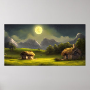 Landschaftsmalerei Eine Hütte im Berg Poster