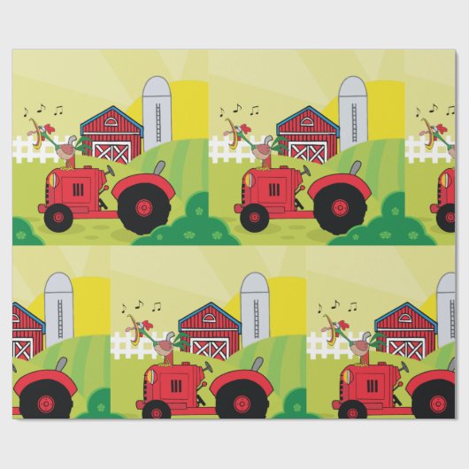 Landschaftsszene mit Gesangsroster auf Traktor Geschenkpapier (Flach)