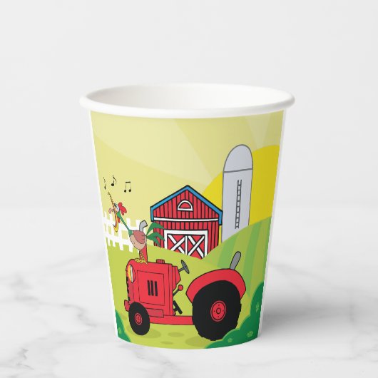 Landschaftsszene mit Gesangsroster auf Traktor Pappbecher (Vorderseite)