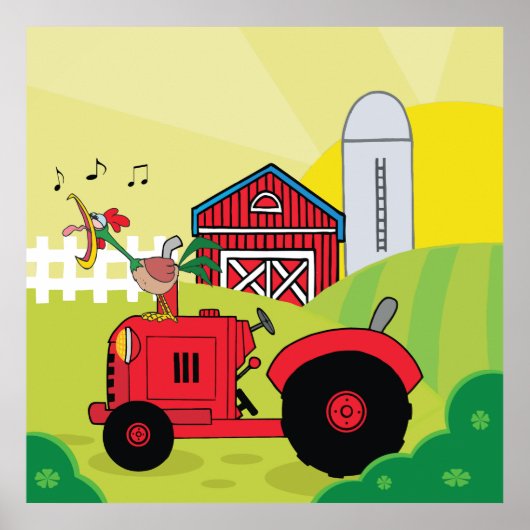 Landschaftsszene mit Gesangsroster auf Traktor Poster (Vorne)