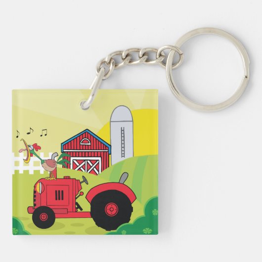 Landschaftsszene mit Gesangsroster auf Traktor Schlüsselanhänger (Rückseite)