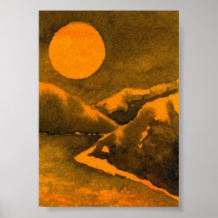 Landsee nachts mit Jägern oder Erntemond Poster