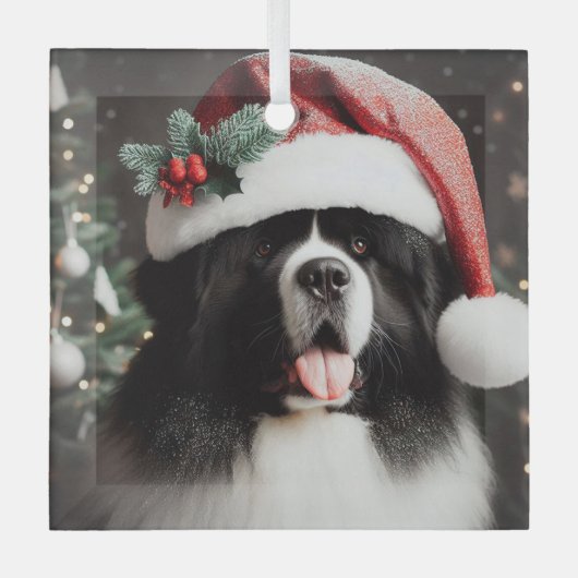 Landseer Newf in Funkelnd Weihnachtsmannmütze Ornament Aus Glas (Vorderseite)