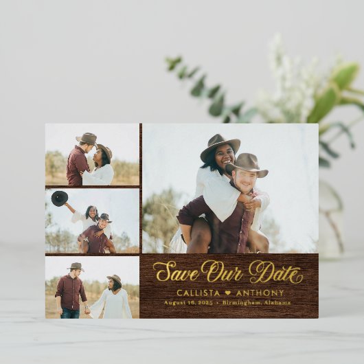 Landseitige FOIL Rustikale Hochzeit retten Datum Folieneinladung (Stehend vorne)