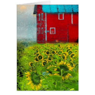 Landsonnenaufgang, Scheunenkarte, Sonnenblumen,