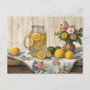 Landstil-Limonadenglas, frische Zitronen, Blumen  Postkarte