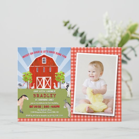 Landtiere 1. Geburtstag Foto Einladung (Stehend Vorderseite)