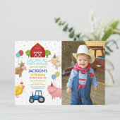 Landtiere 1. Kindergeburtstag Blauer Traktor Einladung (Stehend Vorderseite)