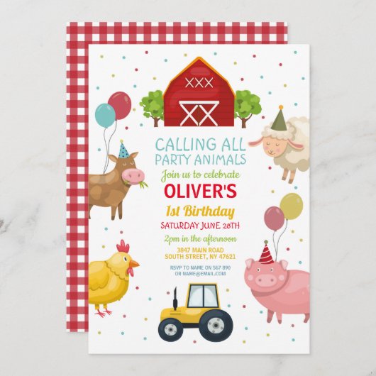 Landtiere 1. Kindergeburtstag Einladung (Vorne/Hinten)