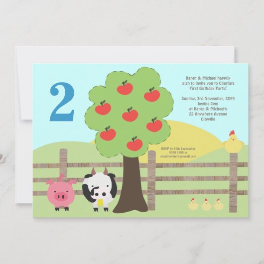 Landtiere Apple Tree 2. Geburtstag Party Einladung (Vorderseite)