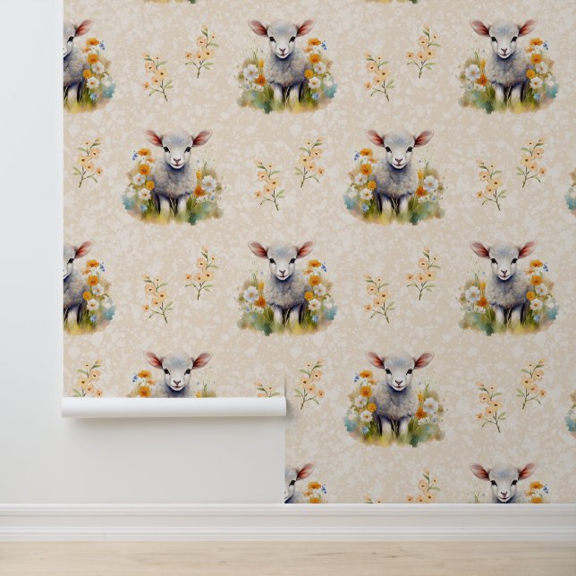 Landtiere Baby Sheep Floral auf Creme Tapete (Anwendung)