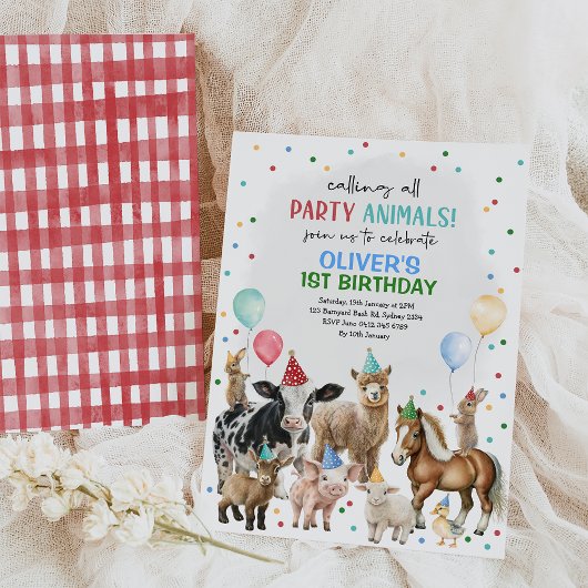 Landtiere Balloons Barnyard Boys Geburtstagsparty Einladung