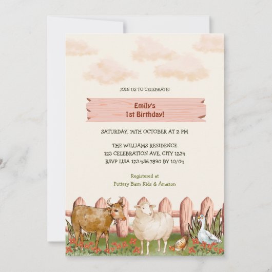 Landtiere Barnyard 1. Geburtstag Party Einladung (Vorderseite)