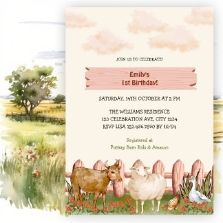 Landtiere Barnyard 1. Geburtstag Party Einladung