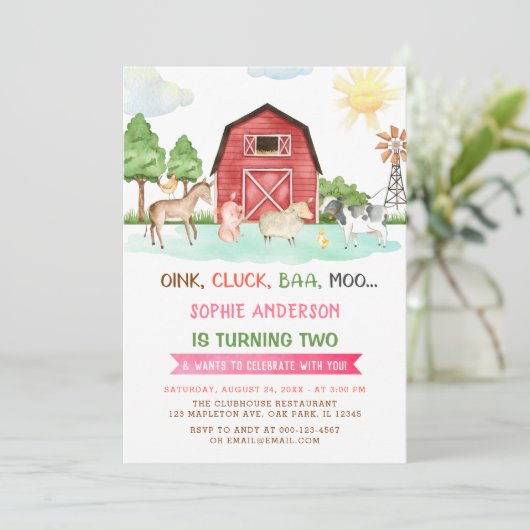 Landtiere Barnyard 2. Geburtstag Einladung (Stehend Vorderseite)